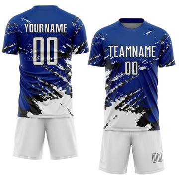 Custom Royal White-Black Abstract Fragment Art Splash Sports Sublimation Soccer Uniform Jersey